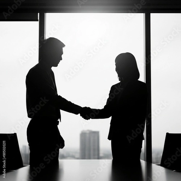 Obraz Two Silhouetted Executives Shaking Hands Against a Bright Window