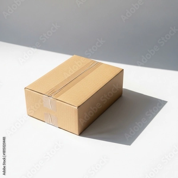 Obraz Sealed Brown Cardboard Box Casting Shadows on a White Surface