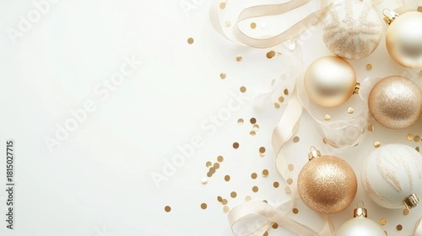 Fototapeta Champagne gold 3D Christmas ornaments, shimmering confetti and ribbons create elegant frame on ivory background with decorative fir branches. Copy space festive winter top view background.