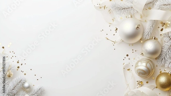 Fototapeta Golden and silver 3D Christmas ornaments, shimmering confetti and ribbons create elegant frame on white background with decorative fir branches. Copy space festive winter top view background.