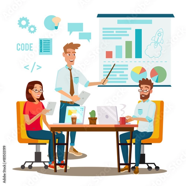 Fototapeta Team Work Brainstorming Vector. Presentation Of The Project. Innovation Idea Discussion People. Designer, Programmer. Global Planning. Flat Isolated Cartoon Illustration
