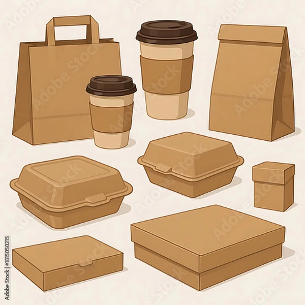 Fototapeta Take away packaging set. Collection of food container, paper bags, coffee cups, cardboard boxes. Cafe, restaurant delivery concept. Vector illustration.