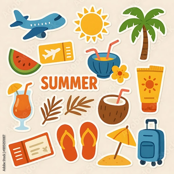 Fototapeta Summer stickers set. Tropical vacation on beach scrapbooking collection. Plane, ticket, sunscreen and other travel elements. Modern cartoon concept. Vector illustration