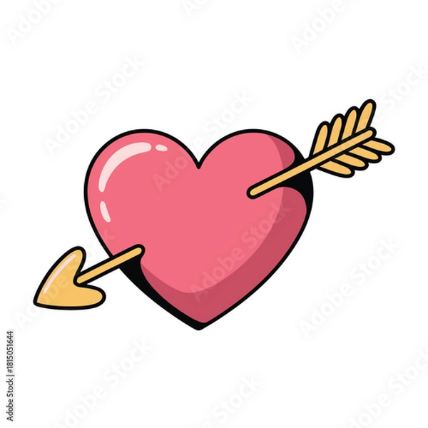 Fototapeta A pink heart pierced by a golden arrow, symbolizing love and affection, isolated on a classic symbol for valentines day and romantic gestures