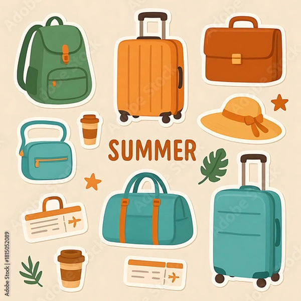 Fototapeta Summer stickers set. Types of baggage for airport collection. Rucksack, suitcase, briefcase and other travel bags, hand luggage and elements. Modern cartoon concept. Vector illustration.