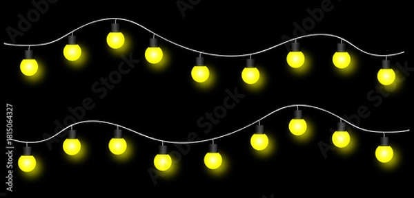 Fototapeta "Parallel Strings of Yellow Glowing Bulbs – Decorative Lighting in Wave Pattern on Black Background vector illustration of an abstract background with stars