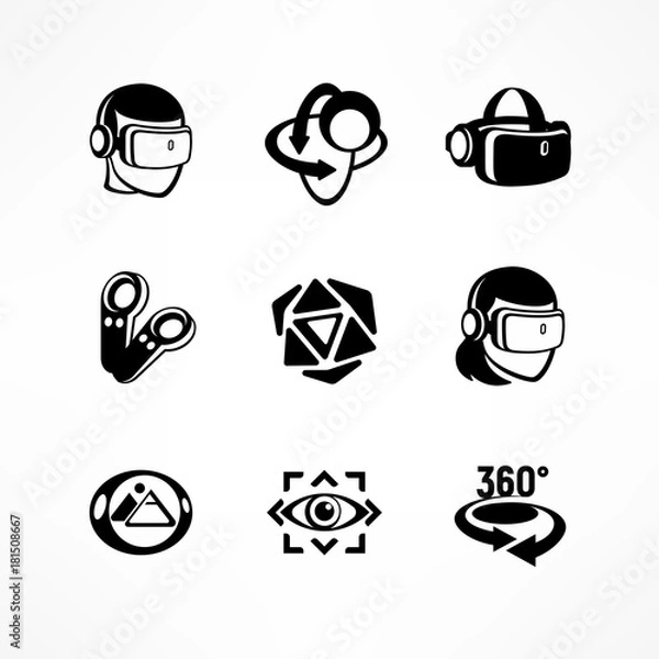 Fototapeta Virtual reality icon set in black isolated on white. Vector