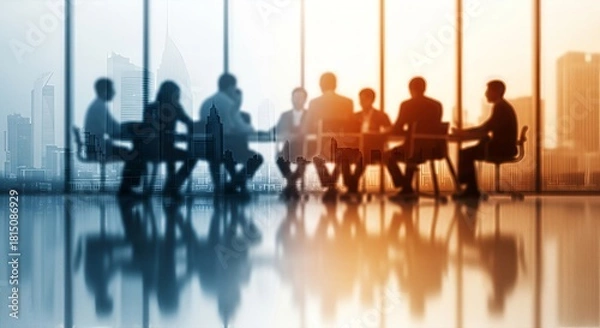 Fototapeta Blurred figures in meeting with panoramic cityscape reflecting modern innovation