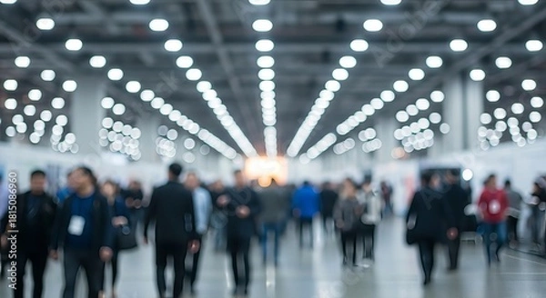 Fototapeta Blurred figures navigating a brightly lit convention center, suggesting a busy and expansive event