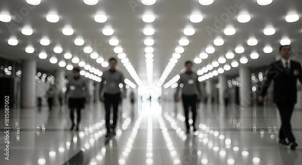 Fototapeta Blurred figures traversing a bright corridor illuminated by rows of lights forming perspective,