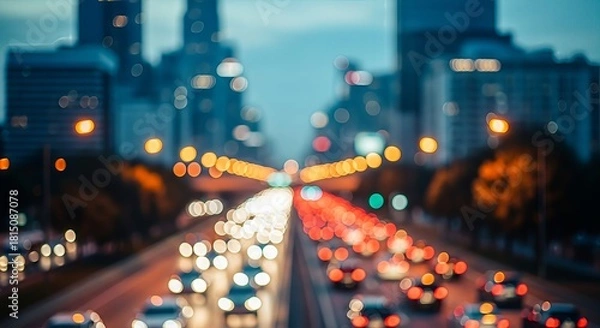 Fototapeta Blurred metropolis vision with moving car lights and towering skyscrapers in the nightscape