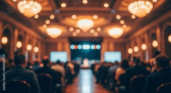 Fototapeta Blurred perspective of a gathering in an ornate room for a convention or seminar event