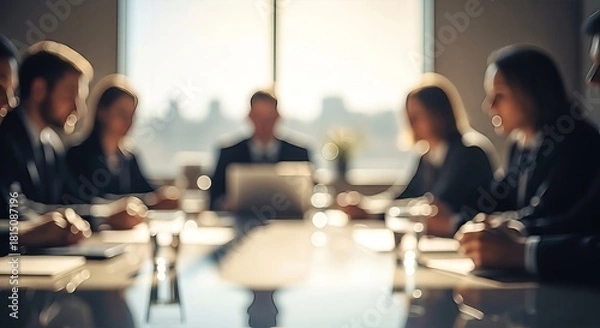 Fototapeta Blurred representation of a business meeting amidst the cityscape backdrop conferring and