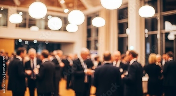 Fototapeta Blurred scene of a corporate networking event with people conversing beneath modern lighting fixture