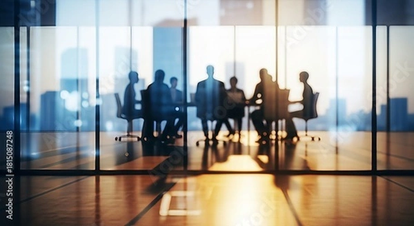 Fototapeta Blurred silhouettes of business professionals engaged in a meeting within an expansive modern