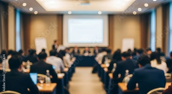 Fototapeta Blurred view of a corporate conference with attendees listening to presentation