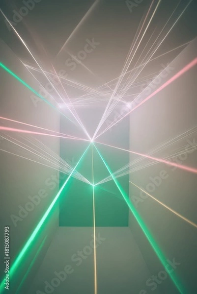 Obraz Abstract Geometric Light Display With Green And Pink Laser Lines Against a White Background