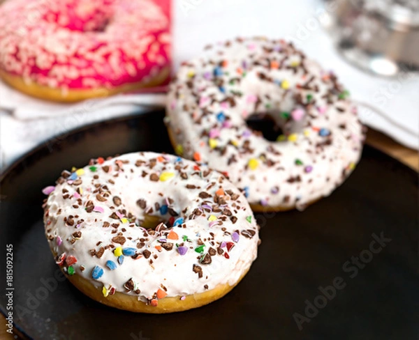 Fototapeta Donuts with sprinkles, delicious doughnuts on rustic table, American donuts for pleasure