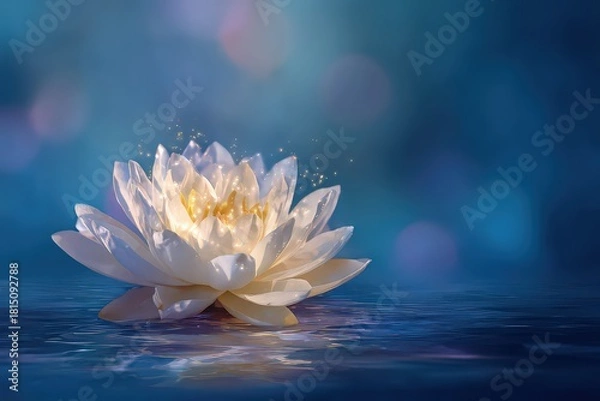 Fototapeta Glowing White Lotus Blossom on Water Surface with Bokeh Lights and Sparkles in Blue Tones for Serene Elegant and Spiritual Ambiance