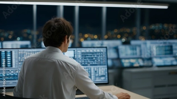 Obraz A scalable cloud computing architecture visualized as rows of glowing server racks, with a technician monitoring real-time workload distribution on a large dashboard — modern data infrastructure,