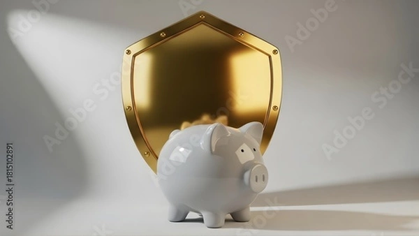 Fototapeta Piggy bank in front of a golden shield symbolizing financial security and savings