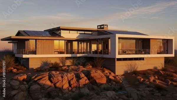 Obraz Stunning modern luxury home with advanced solar panels nestled harmoniously within a rugged desert landscape at golden hour, showcasing sustainable living and architectural brilliance