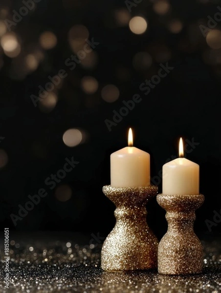 Fototapeta Two glitter candles on shimmering surface with dark festive bokeh, editorial holiday assets for luxury branding and creative marketing