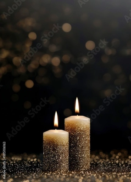 Fototapeta Glitter pillar candles on black sparkling surface with warm festive lights, holiday content for luxury branding, advertising, and digital design