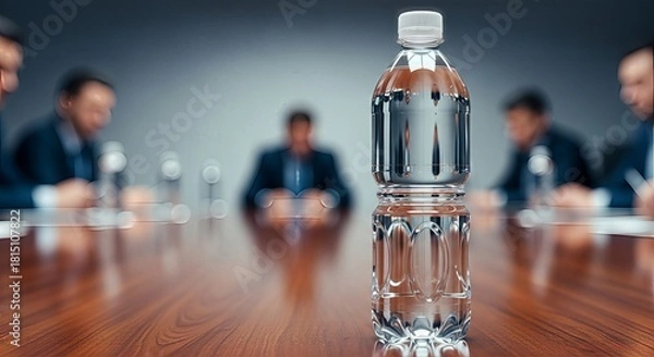 Fototapeta Hydration at the boardroom meeting, a clear bottle of water reflects strategic planning and