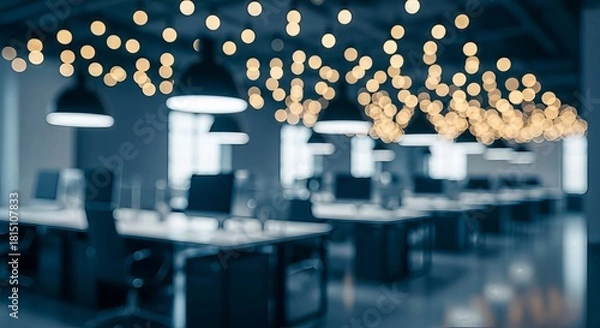 Fototapeta Illuminated collaborative workspace featuring stylish lighting and minimalist design emphasizing