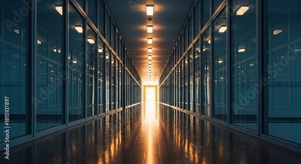 Fototapeta Illuminated corridor with perspective view and gleaming floor in a modern interior space