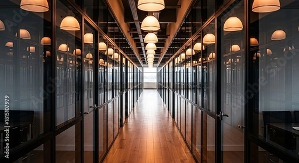 Fototapeta Illuminated hallway with glass walls offering a modern and professional atmosphere for business