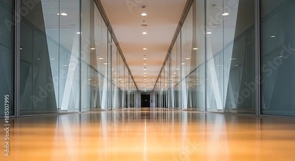 Fototapeta Illuminated perspective: A modern corridor with reflective surfaces and glass walls