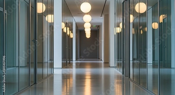 Fototapeta Illuminated Perspective: A Modern Office Corridor with Reflective Surfaces and Ambient Lighting