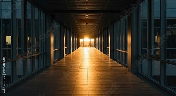 Fototapeta Illuminated walkway architecture with light through the windows and sunlight reflections in