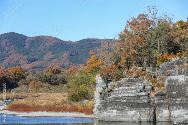 Fototapeta 川と紅葉と岩壁