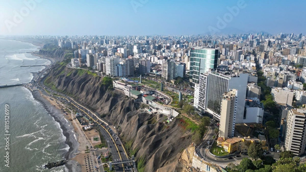 Fototapeta The Costa Verde in Lima seen from a drone during a calm summer afternoon.