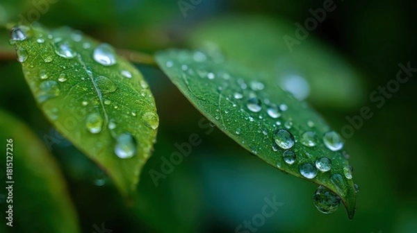 Fototapeta Close Up View of Green Leaves with Water Droplets in Natural Lighting
