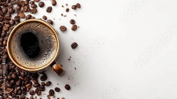 Fototapeta Empty Coffee Cup Surrounded By Coffee Beans On White Background