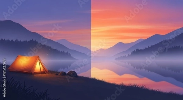 Obraz Divided landscape of camping at dusk and dawn reflecting on calm lake