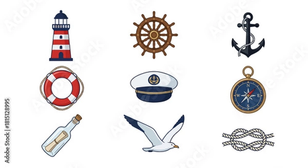 Obraz Nautical symbols for marine and travel themes lighthouse, ship wheel, anchor, lifebuoy, captain's hat, seagull, message in a bottle, compass, and knot