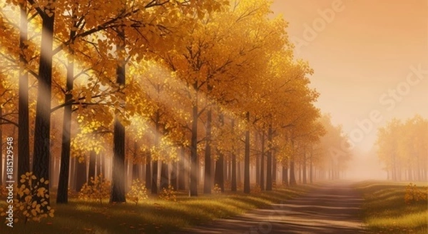 Obraz Golden Forest Path: Sunlight Through Autumnal Trees in Atmospheric Landscape