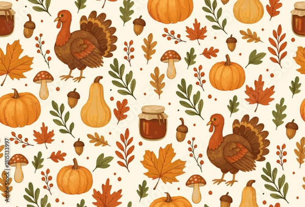 Fototapeta Thanksgiving seamless pattern with turkey, autumn leaves, pumpinks, squash, mushrooms, and apple jam. Fall themed pattern background illustration