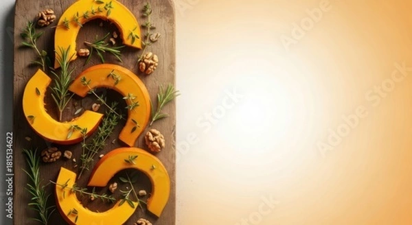 Obraz Autumnal Still Life: Slices of Pumpkin with Herbs and Walnuts on Rustic Wood