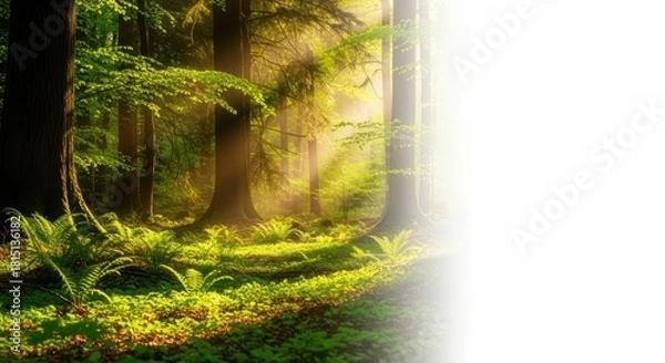 Obraz Sunlit serenity: A tranquil forest scene bathed in golden light and mist