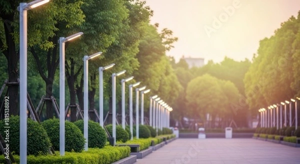 Obraz Pathway Illumination: Modern Street Lights Enhancing Urban Landscape with Greenery
