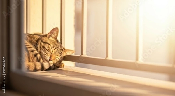 Obraz Sun-Kissed Slumber: A Feline's Blissful Nap in Golden Light by the Window