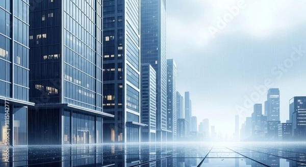 Obraz Reflective Urban Landscape: Modern Skyscrapers in the Foggy Weather