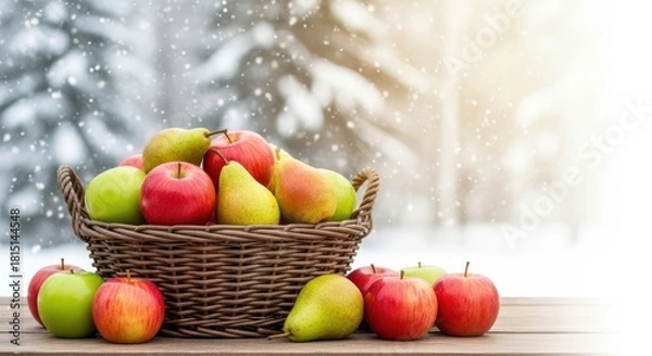 Obraz Winter Harvest: Fresh Fruits in a Wicker Basket Amidst a Snowy Backdrop
