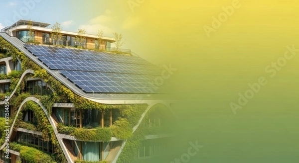 Obraz Eco-Friendly Building with Solar Panels and Greenery, Sustainable Architecture